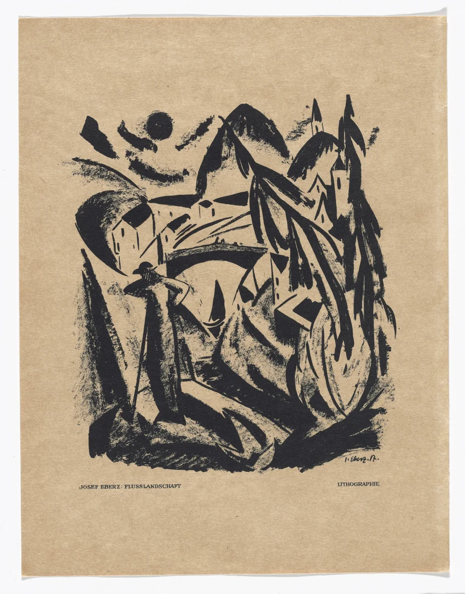 River Landscape (Flusslandschaft) (plate, preceding p. 97) from the periodical Das Kunstblatt, vol. 1, no. 4 (Apr 1917) by Josef Eberz, print, 1917