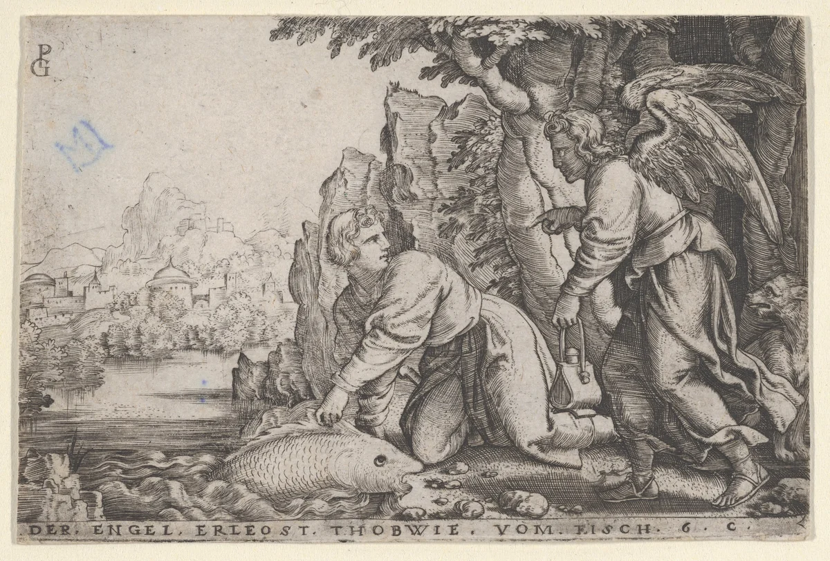 Tobiolus Catches the Fish, from The Story of Tobias by Georg Pencz, print, 1543