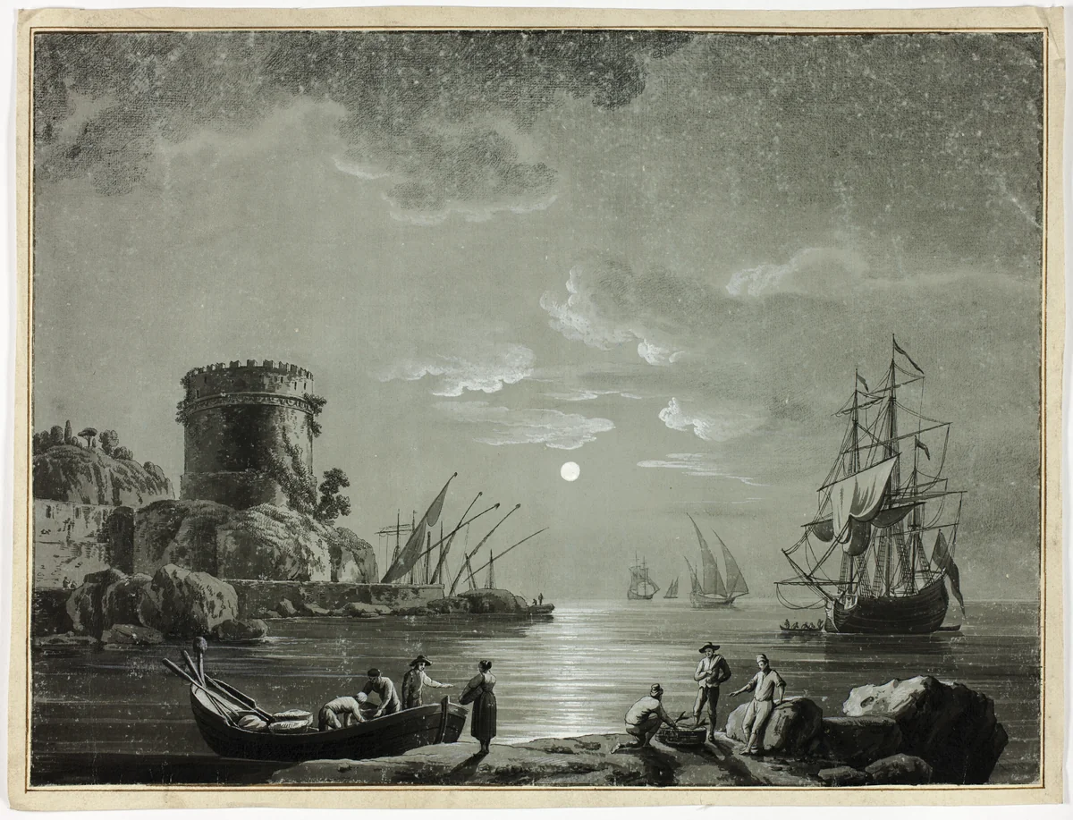 Moonlight Scene in Fishing Port by Unknown Artist, drawing, 1800-1899