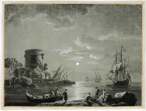 Moonlight Scene in Fishing Port by Unknown Artist, drawing, 1800-1899