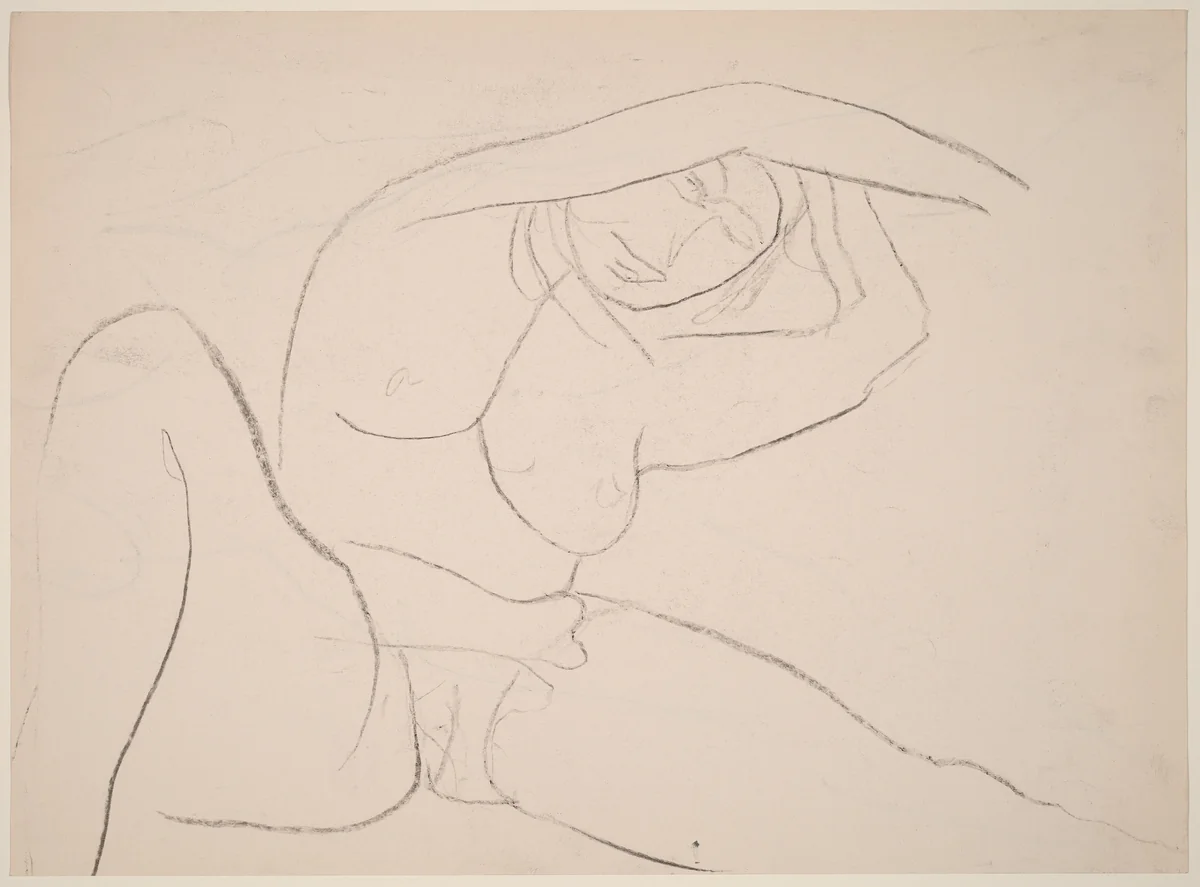 Untitled [female nude stretching while seated] [recto] by Richard Diebenkorn, drawing, 1955-1967