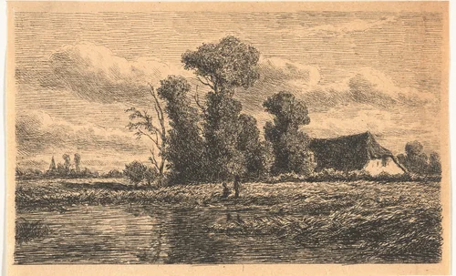 Landschap met sloot en boerderij by Adrianus van Everdingen, print, 1842-1882