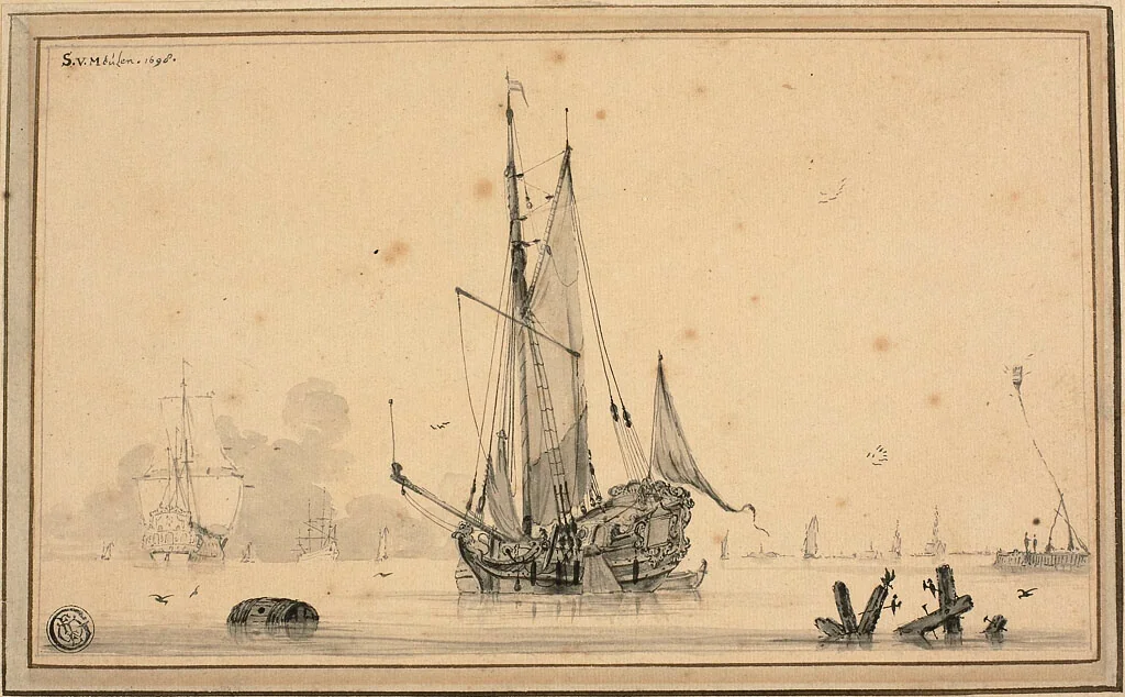 Harbor Scene with Ships at Rest and Piling by Sieuwert van der Meulen, drawing, 1698
