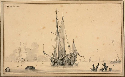 Harbor Scene with Ships at Rest and Piling by Sieuwert van der Meulen, drawing, 1698
