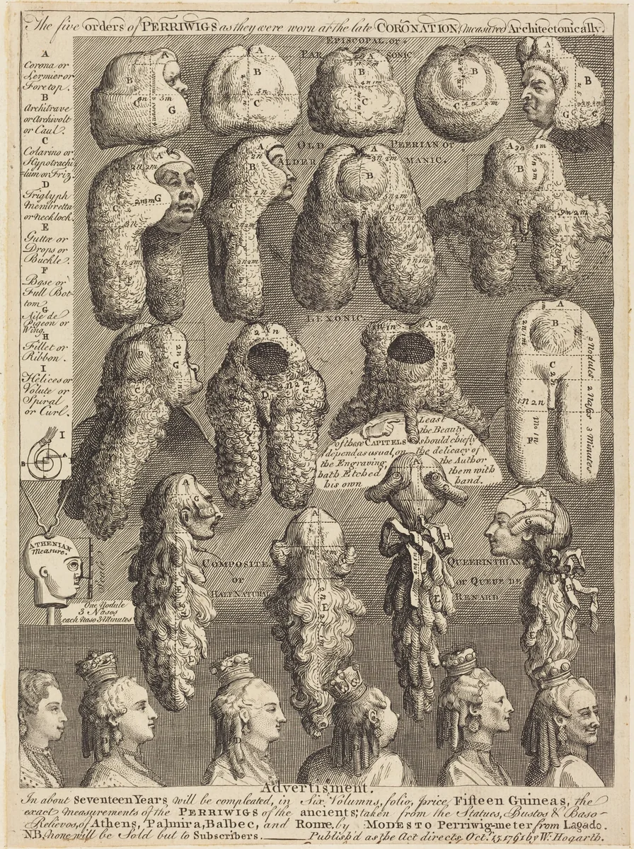The Five Orders of Perriwigs as They Were Worn at the Late Coronation, Measured Architectonically by William Hogarth, print, 1761
