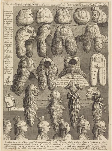 The Five Orders of Perriwigs as They Were Worn at the Late Coronation, Measured Architectonically by William Hogarth, print, 1761