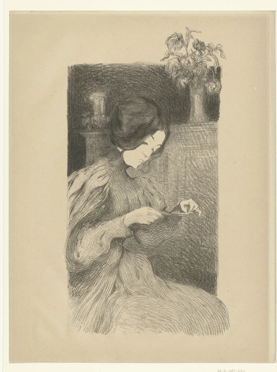 Zittende vrouw met voorwerp in handen by B.A. Neuberger, print, 1895