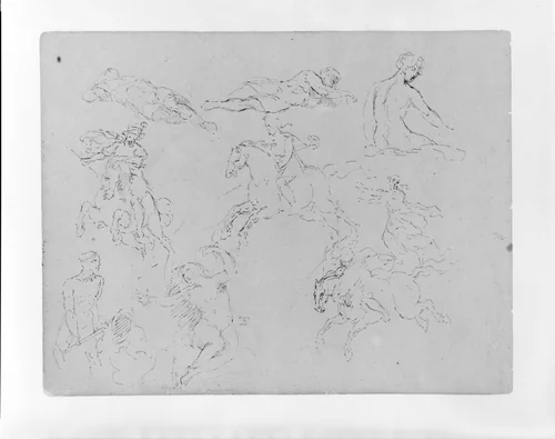 Nine Figure Sketches, Including Three Galloping Equestrains (from Sketchbook) by Thomas Sully, artwork, 1810-1820