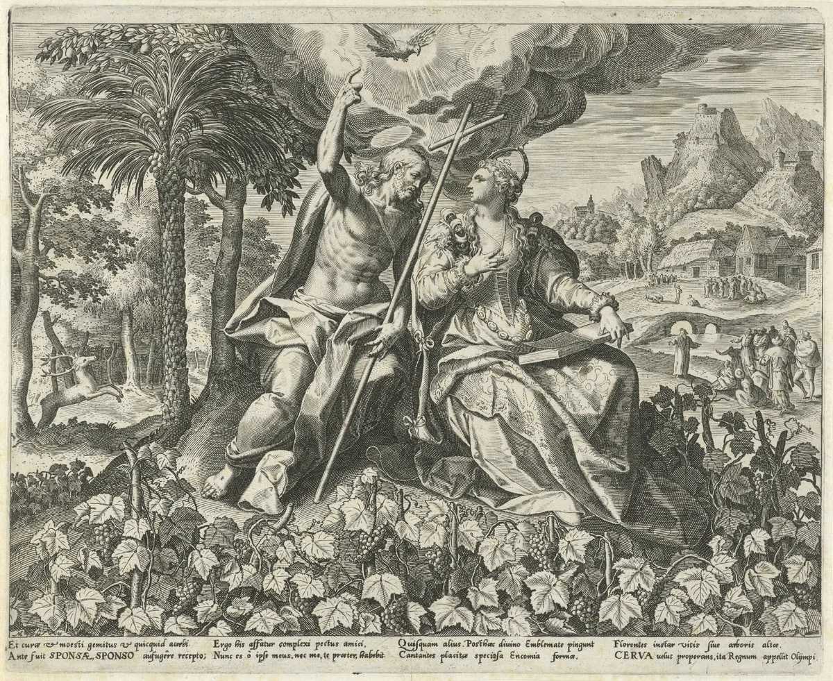 Christus en zijn bruid in een wijngaard by Johann Sadeler, print, 1590