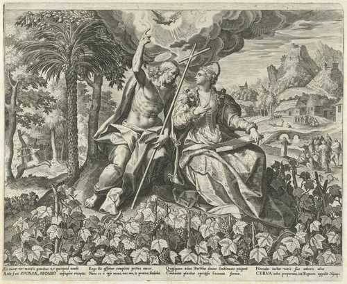 Christus en zijn bruid in een wijngaard by Johann Sadeler, print, 1590