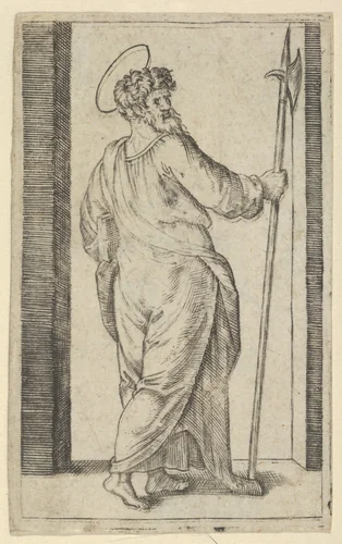 Saint Jude, holding a halberd in his right hand, from "Piccoli Santi" (Small Saints) by Marcantonio Raimondi, print, 1495-1532
