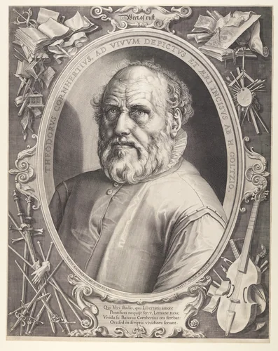 Dirck Volkertsz. Coornhert (with frame) by Hendrick Goltzius, print, 1591