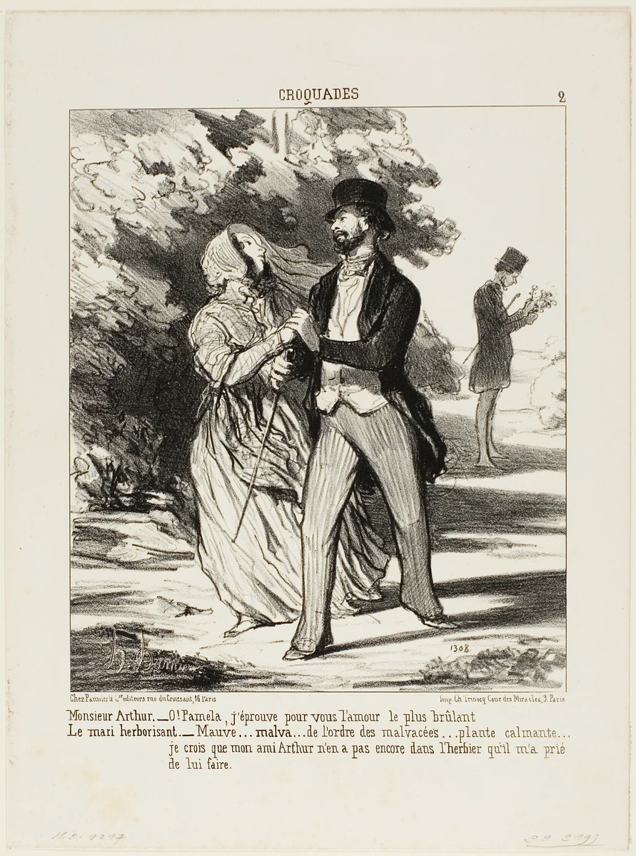 Monsieur Arthur: “- Oh Pamela! I am burning with love for you!” The husband herbalist: “- A mallow... of the family of Malvaceae... a sedative... I don't believe my friend Arthur has this specimen in the herbarium he asked me to build for him,” plate 2 from Croquades by Honoré-Victorin Daumier, print, 1851