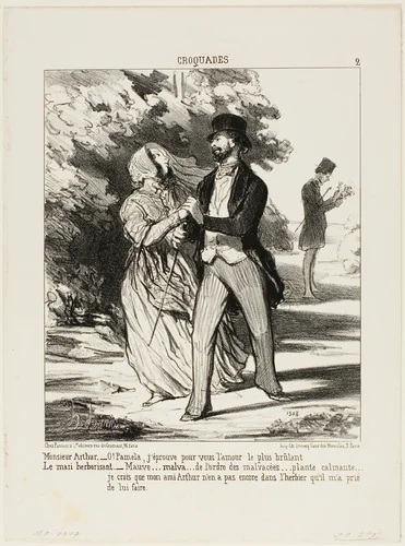 Monsieur Arthur: “- Oh Pamela! I am burning with love for you!” The husband herbalist: “- A mallow... of the family of Malvaceae... a sedative... I don't believe my friend Arthur has this specimen in the herbarium he asked me to build for him,” plate 2 from Croquades by Honoré-Victorin Daumier, print, 1851