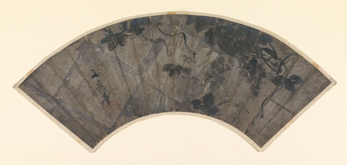 Waaierblad met druiven en wijnranken by Tani Buncho, drawing, 1800-1900