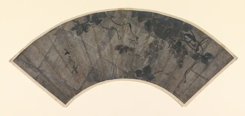 Waaierblad met druiven en wijnranken by Tani Buncho, drawing, 1800-1900