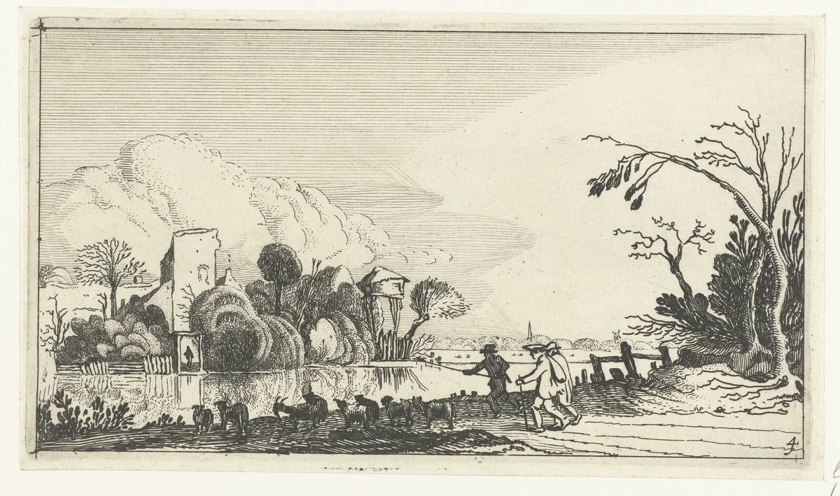 Herder met geiten en schapen bij een rivier by anonymous, print, 1610-1650