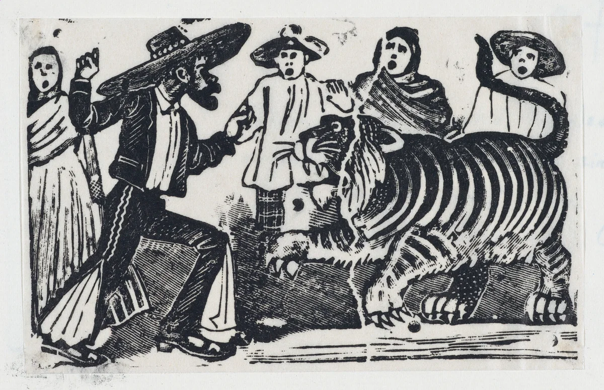 The brave man from Gaudalajara facing a tiger by José Guadalupe Posada, print, 1895-1905