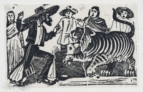 The brave man from Gaudalajara facing a tiger by José Guadalupe Posada, print, 1895-1905