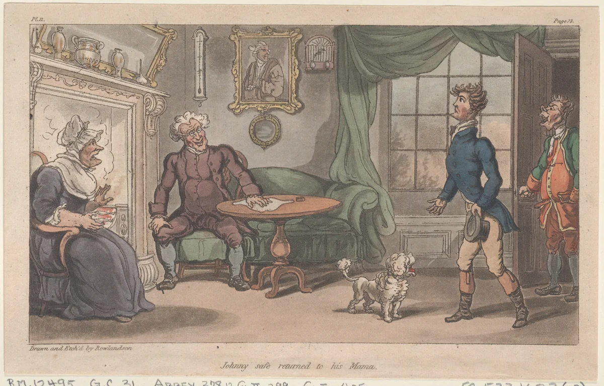Johnny safe returned to his Mama by Thomas Rowlandson, print, 1815
