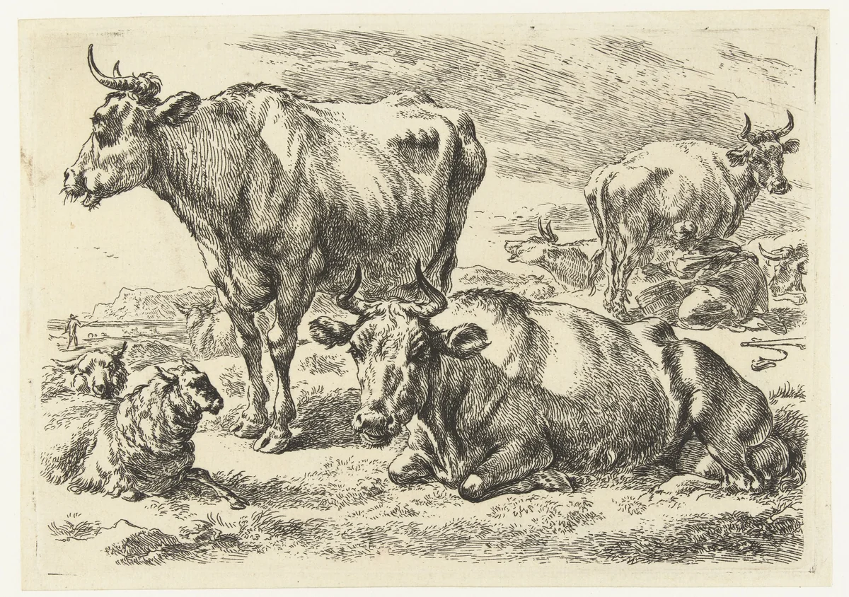 Staande en liggende koe in weide met schapen en koe die wordt gemolken by Nicolaes Pietersz Berchem, print, 1630-1683