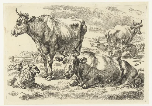 Staande en liggende koe in weide met schapen en koe die wordt gemolken by Nicolaes Pietersz Berchem, print, 1630-1683