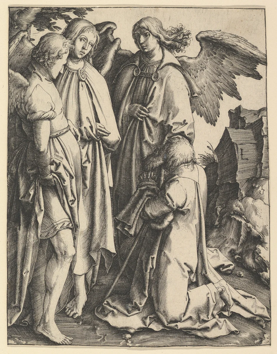 Abraham and Three Angels by Lucas van Leyden, print, 1508-1518