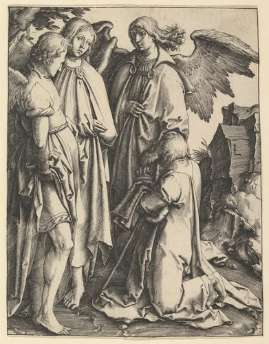 Abraham and Three Angels by Lucas van Leyden, print, 1508-1518