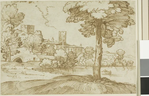 Landscape with a Large Tree on the Right and a Distant View of a Town on the Left by Giovanni Francesco Grimaldi, drawing, 1626-1680