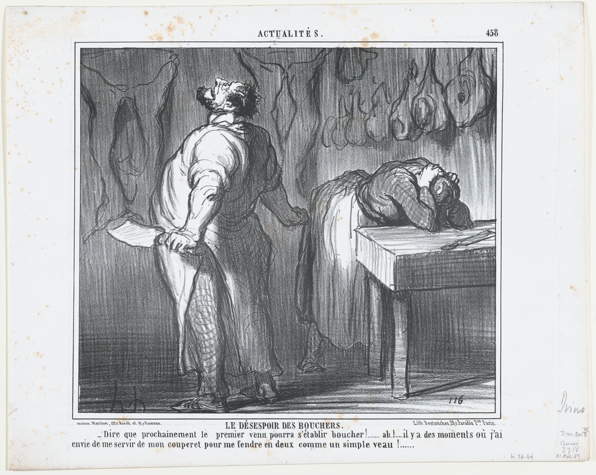 Le Désespoir des Bouchers, from Actualités, published in Le Charivari, November 21, 1857 by Honoré Daumier, print, 1857