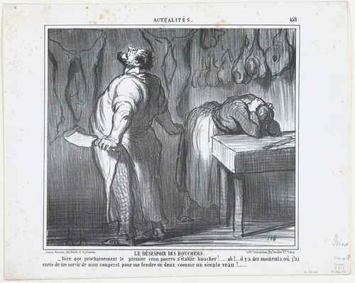 Le Désespoir des Bouchers, from Actualités, published in Le Charivari, November 21, 1857 by Honoré Daumier, print, 1857