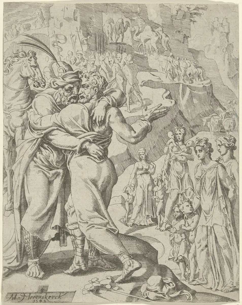 Verzoening van Jakob en Esau by Unknown, print, 1549