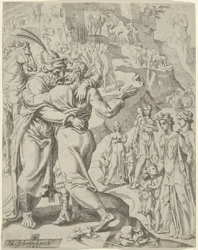 Verzoening van Jakob en Esau by Unknown, print, 1549