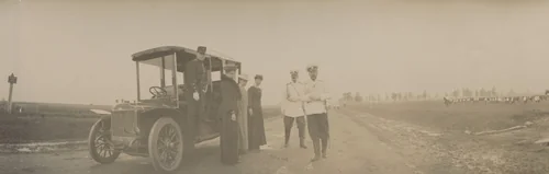 Empress Alexandra Feodorovna; Grand Duchesses Xenia and Olga Alexandrovna; Grand Duke Vladimir Alexandrovich and Emperor Nicholas II Standing Beside Car by Unidentified Photographer, photograph, 1905