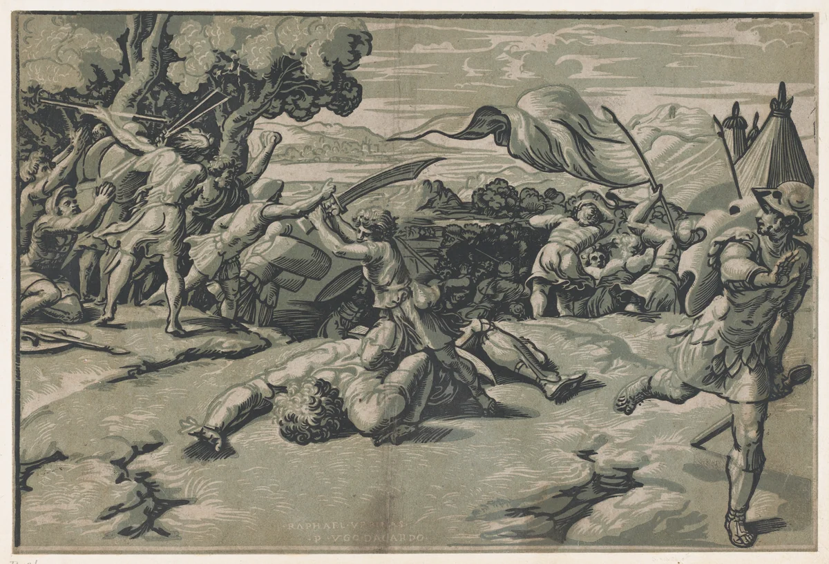 David and Goliath by Ugo da Carpi, print, 1515-1525