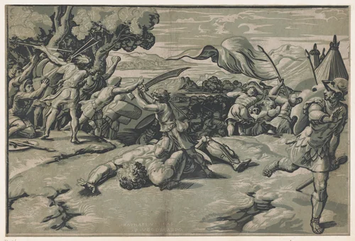 David and Goliath by Ugo da Carpi, print, 1515-1525