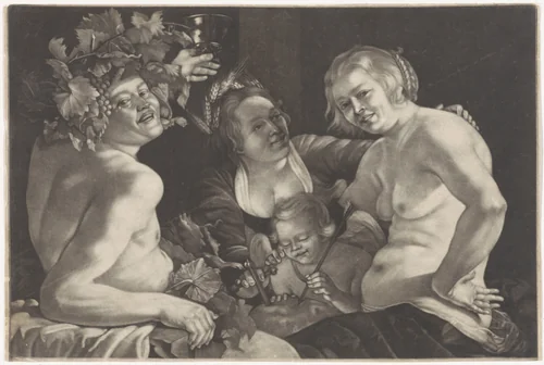 Bacchus met Venus, Amor en Ceres (Sine Cerere et Baccho friget Venus) by anonymous, print, 1650-1800