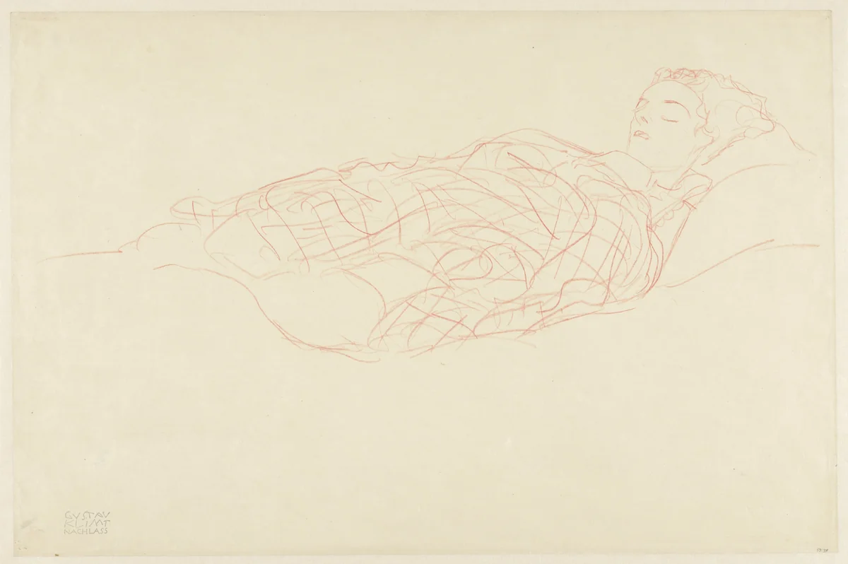 Studie van een in een plaid gewikkelde, rustende vrouw by Gustav Klimt, drawing, 1872-1918