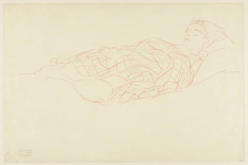 Studie van een in een plaid gewikkelde, rustende vrouw by Gustav Klimt, drawing, 1872-1918