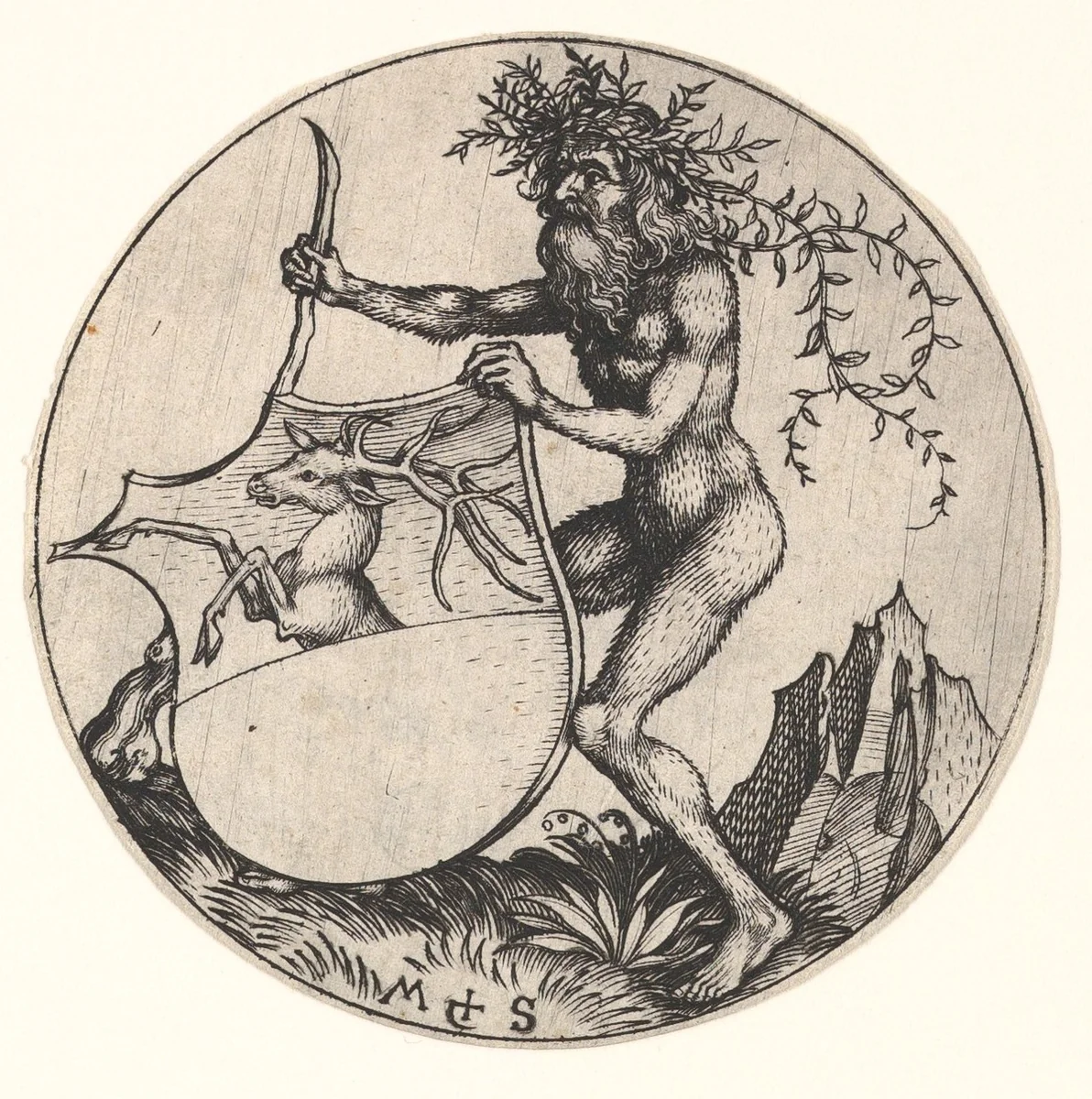 Shield with Stag Held by Wild Man by Martin Schongauer, print, 1470-1491
