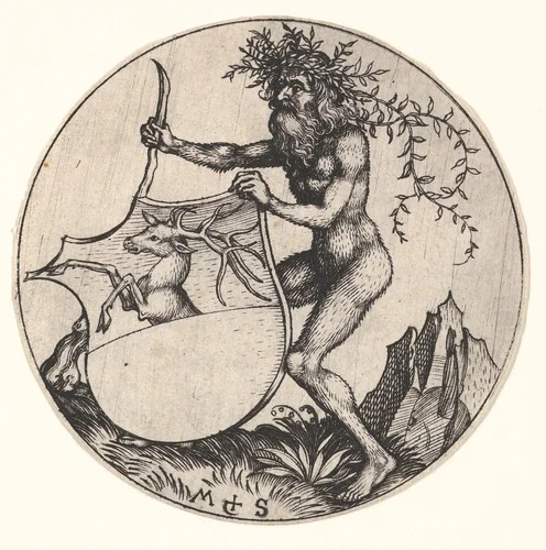 Shield with Stag Held by Wild Man by Martin Schongauer, print, 1470-1491