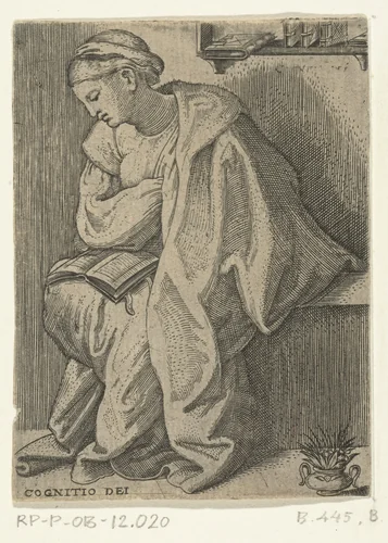 Zittende vrouw in overpeinzing met boek by anonymous, print, 1510-1575