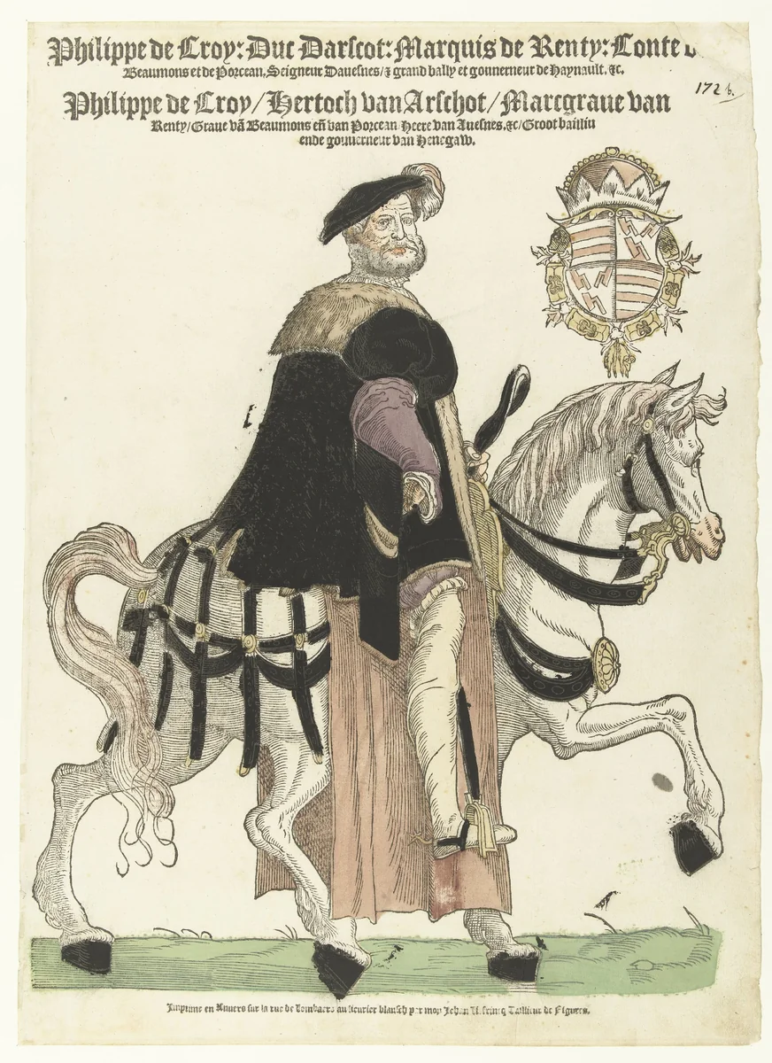 Portret van Filips de Croy te paard by Hans Liefrinck, print, 1539-1549