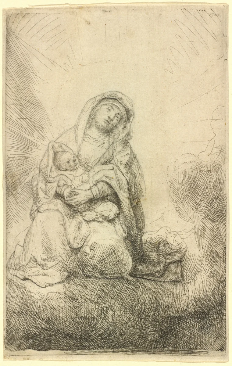 Virgin and Child in the Clouds by Rembrandt van Rijn, print, 1641