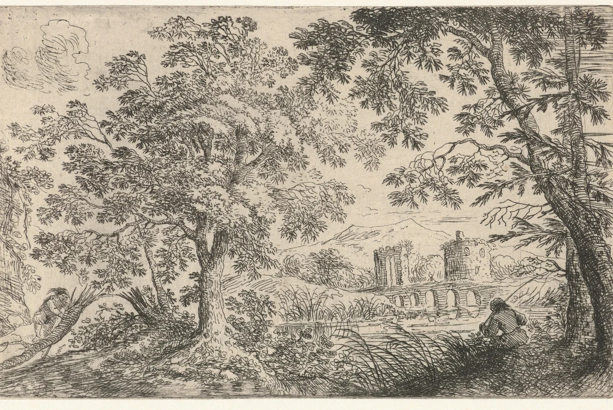 Landschap met een visser by Cornelis Matthieu, print, 1637-1656