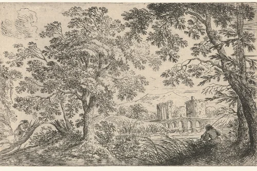 Landschap met een visser by Cornelis Matthieu, print, 1637-1656