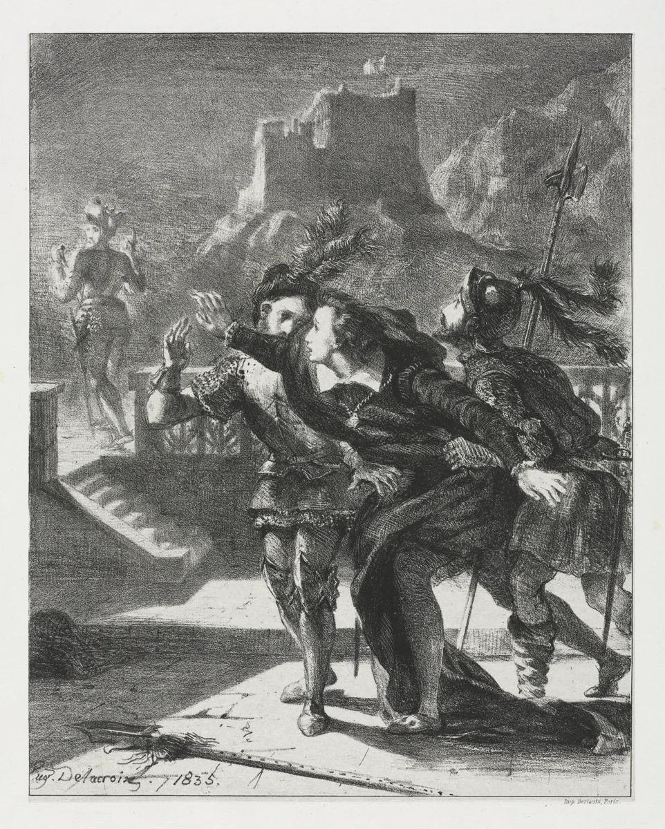 Hamlet: Hamlet Rushes to Follow the Ghost of His Father by Eugène Delacroix, print, 1835