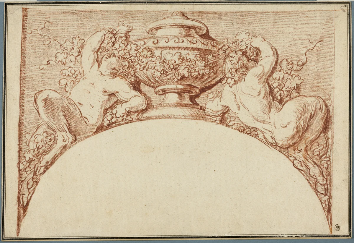 Design for an Archivolt: Two Fauns Supporting an Urn by Clodion, drawing, 1758-1814