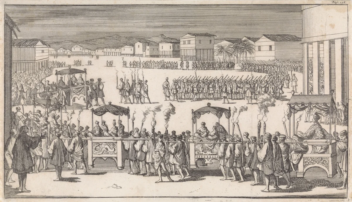 Grote optocht ter gelegenheid van de aankomst van kapitein Charles Swan op Mindanao by Caspar Luyken, print, 1698
