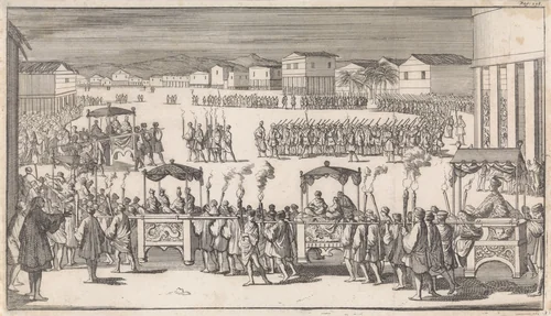 Grote optocht ter gelegenheid van de aankomst van kapitein Charles Swan op Mindanao by Caspar Luyken, print, 1698